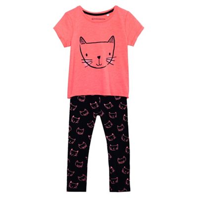 Girls' pink cat print top and navy leggings set